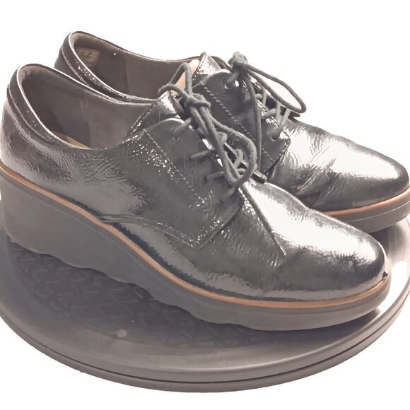 Clarks Shoes - Clarks Hazen Charm Shoes Womens Ankle Boot Black Shiny Lace Up Wedge Chukka Sz 9